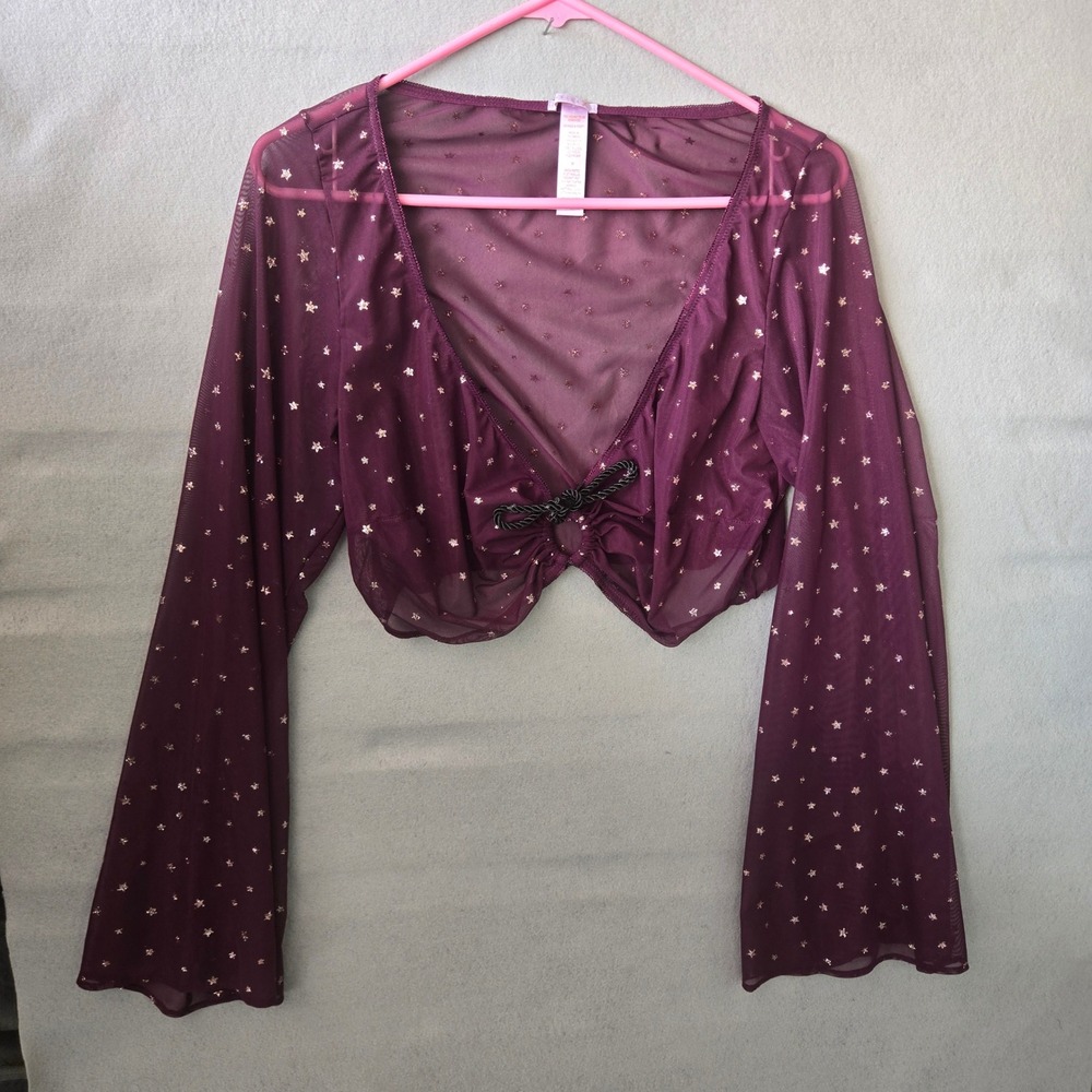 Savage X Fenty Sheer Mesh Star Print Tie Front Bell Sleeve Crop Top Womens 1X